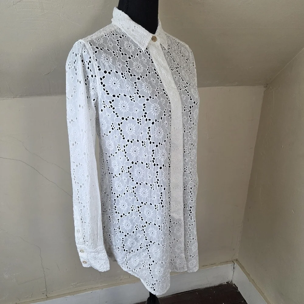 TORY BURCH White Eyelet Cotton‎ Hidden Placket Shirt Size XS